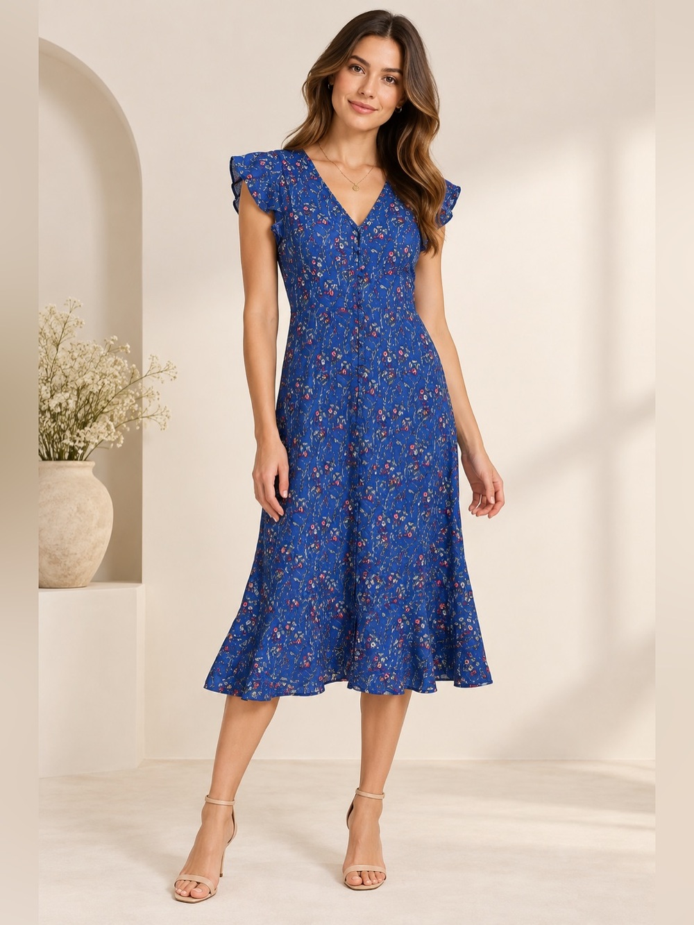 LOFT Blue Floral Below Knee Midi Dress Size 0